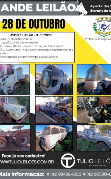Prefeitura de Laguna Carapã promove grande leilão de veículos e bens inservíveis
