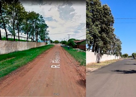 O ‘antes’ e ‘depois’ mostra transformação da Rua Felipe dos Santos, em Caarapó
