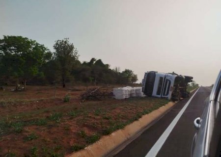 Carreta carregada com soja tomba em área verde da MS-040>