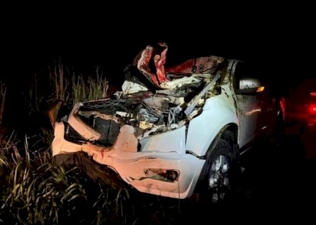 Camionete fica destruída e deixa casal ferido ao atropelar cavalo em rodovia do MS