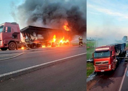 Carreta carregada de ferro pega fogo em Aquidauana (vídeo)>