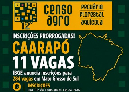 IBGE prorroga inscrições para processo seletivo com 11 vagas em Caarapó>